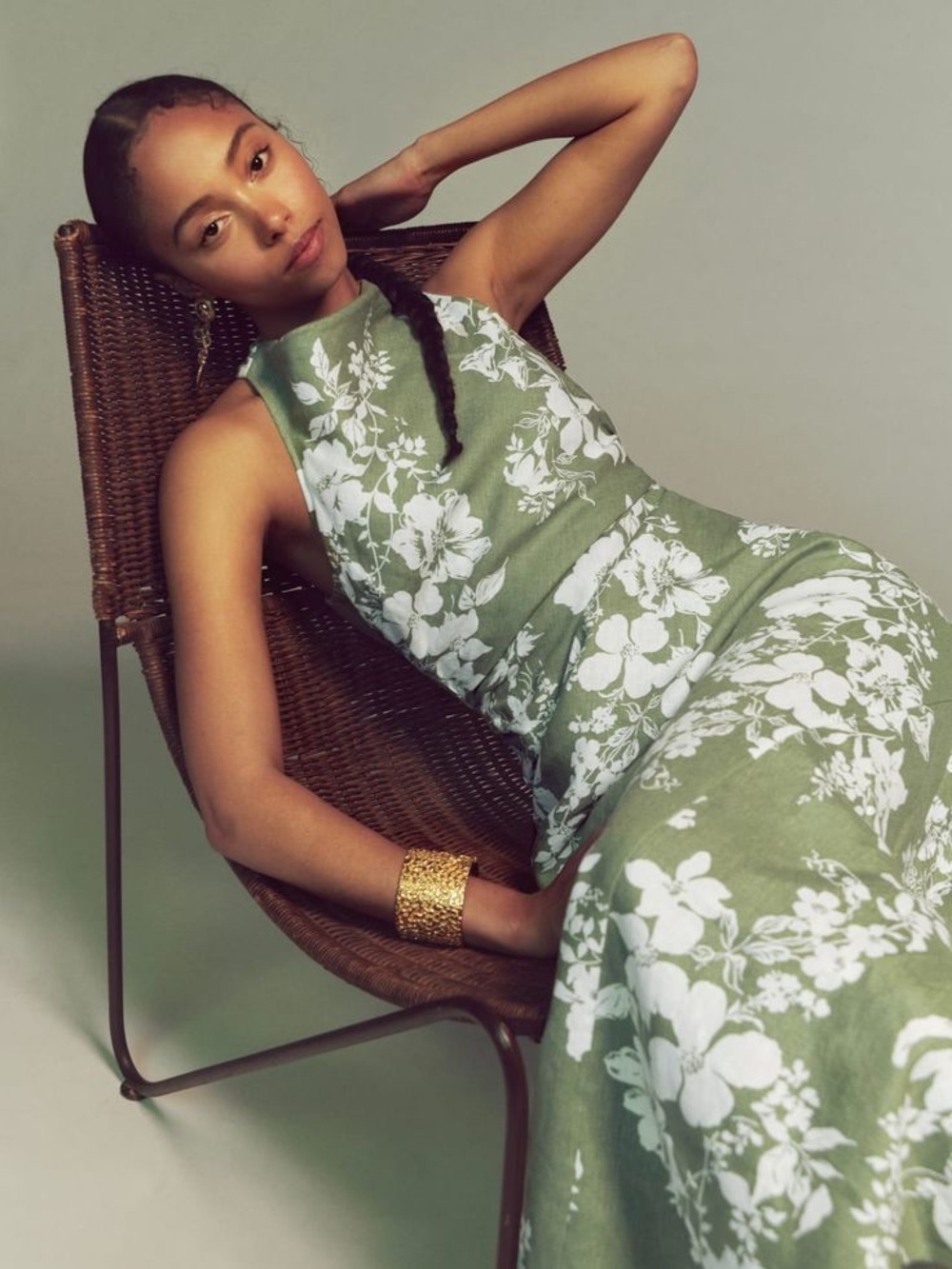 Reformation linen maxi dress green floral high draped neckline open back XS